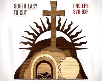 Ester Empty Tomb Decor Cut File, He is Risen svg, Wooden Christian Easter, Christianity svg,  Religious Gifts, Easter Nativity Scene DXF SVG