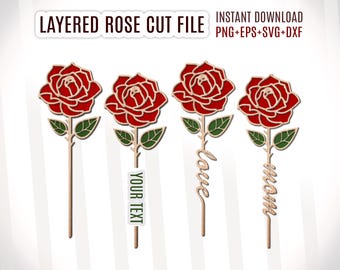May include: Four layered red rose cut files for crafting. The roses are layered with green leaves and stems. The stems have the words "mom", "love", and "your text" written on them.