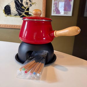 Vintage Fondue Set FR-1 2QT Red Enamel Pot | Mid Century Fondue Party Set with Stand & 6 Forks | Original Box