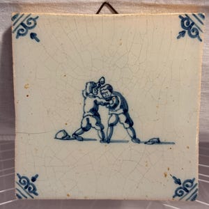 Antique Dutch Delft Tile – Blue & White Children Playing Scene, Hand Painted Delftware Wall Tile