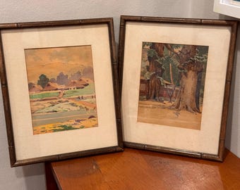 Vintage Set of 2 Framed Japanese Woodblock Prints | Bamboo Style Frames | Japanese Landscape Wall Art 11.5x9.5