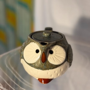 May include: A ceramic teapot shaped like an owl. The owl has large white eyes with black pupils, a brown beak, and a dark green and white body. The teapot has a matching lid and a small, red base.