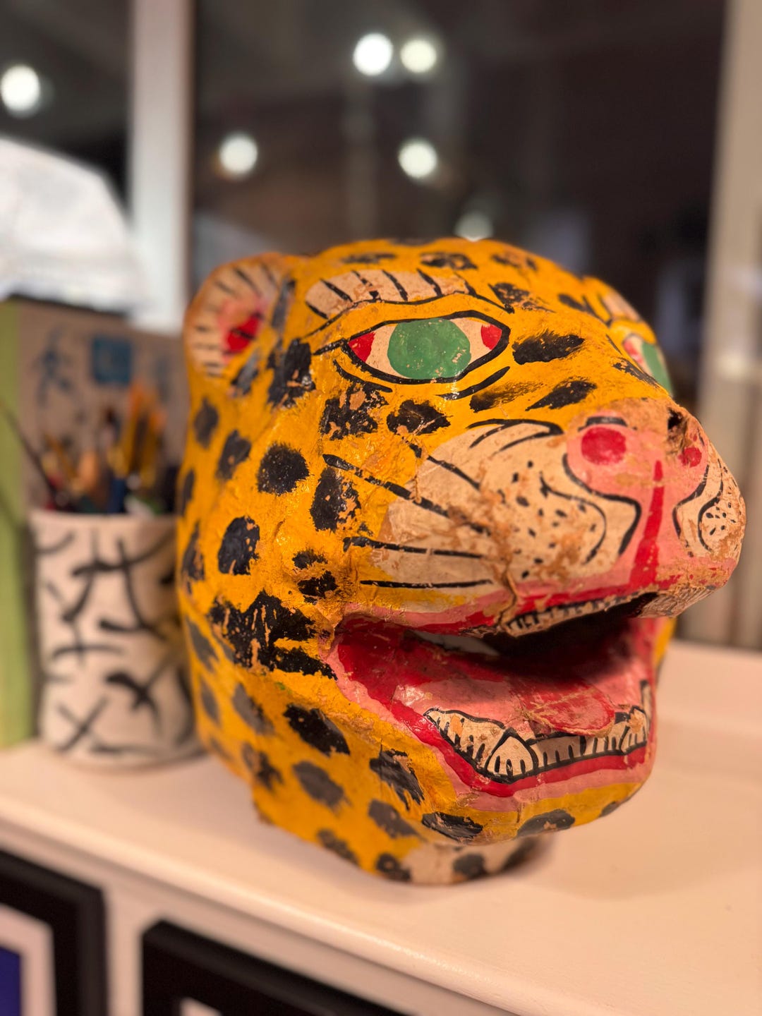 Vintage Thai Paper Mâché Leopard Mask – Hand-painted Folk Art Wall ...