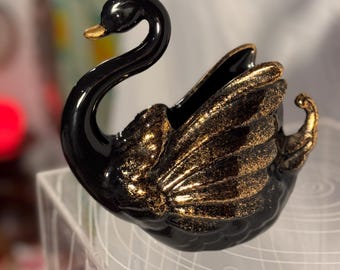 Vintage Black Swan Ceramic Planter – Gold Accent Decor