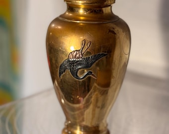 Vintage Antique Japanese Bronze Vase with Inlay Cranes – Elegant Asian Art Metal Vase