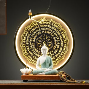 6 inch Ceramic Buddha Statue and 13.2 inch LED Circle Table Lamp, Indoor Buddha Statues for Home Décor