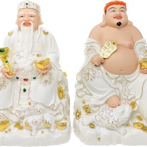 9 in Ceramic White Than Tai Ong Dia Statues, Vietnamese Money Buddha Statues for Home Décor