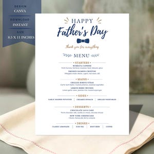 May include: A white Father's Day menu card measuring 8.5 by 11 inches with navy blue and gold text. The design features a navy blue bow tie icon, the heading Happy Father's Day, and sections for starters, mains, sides, desserts, and drinks.