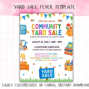 Peut inclure: Un modèle de flyer de vide-greniers coloré avec le texte "YARD SALE FLYER TEMPLATE". Le flyer annonce une "COMMUNITY YARD SALE" le 26 août 2032 et énumère les articles en vente, tels que des jouets, des livres et des vêtements. Le flyer est facilement personnalisable dans Canva.