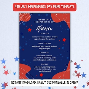 Szablon menu imprezy z okazji Dnia Niepodległości 4 lipca | Projekt menu restauracji | Edytowalna ulotka Canva | Możliwość wydruku i pobrania cyfrowego