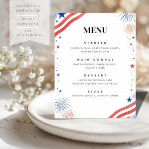 May include: A white menu card with a patriotic theme, featuring red, white, and blue accents. The menu includes starters, main courses, desserts, and sides. The card is 8.5 x 11 inches and is a customizable Canva design.