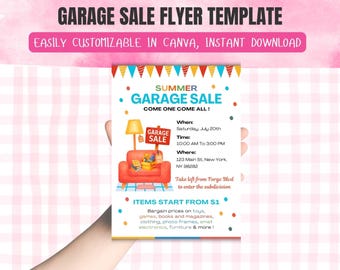 Plantilla de volante de venta de garaje imprimible/editable/plantilla de volante de venta de garaje para recaudar fondos imprimible/volante de venta de garaje de Canva