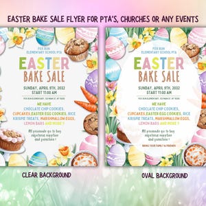 May include: A flyer for an Easter bake sale with a watercolour background. The flyer is decorated with pastel coloured eggs, flowers, and cupcakes. The text on the flyer reads "Easter Bake Sale" and includes the date and time of the event. The flyer also states that all proceeds will go to buy cafeteria supplies and furniture.