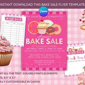 EDITABLE Bake Sale Flyer Bundle | PTA Fundraiser Flyer | Bake Sale and Fundraiser Sign-Up Sheet & Thank You Note Included | Instant Download