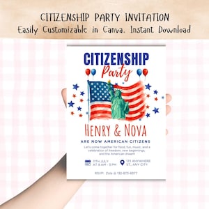 US Citizenship Party Invitation Editable Template, Naturalization American New Citizenship Celebration Invite, US Theme 4th of July
