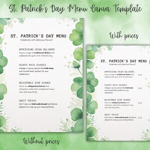 Szablon menu na dzień św. Patryka | Projekt menu irlandzkiego pubu i restauracji | Edytowalna ulotka Canva | Możliwość wydruku i pobrania cyfrowego |