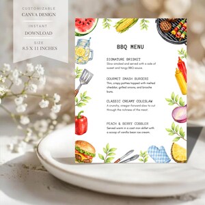 May include: A watercolor BBQ menu design with illustrations of food items like burgers, corn, and watermelon. The menu includes text for brisket, smash burgers, coleslaw, and peach cobbler. The design is 8.5 x 11 inches.