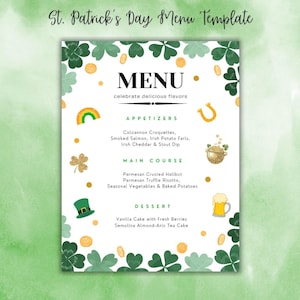 Szablon menu na dzień św. Patryka | Projekt menu irlandzkiego pubu i restauracji | Edytowalna ulotka Canva | Możliwość wydruku i pobrania cyfrowego |