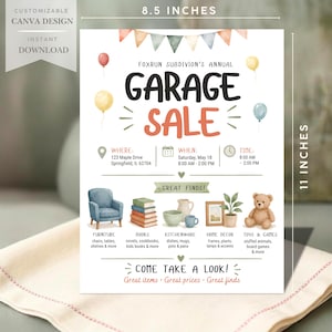 Könnte beinhalten: Eine anpassbare 21,6 x 27,9 cm große Flohmarkt-Flyervorlage mit Aquarellillustrationen von Luftballons, Wimpeln, Möbeln, Büchern, Geschirr und einem Teddybären. Der Text enthält Veranstaltungsdetails, Kategorien und den Satz Come Take A Look.