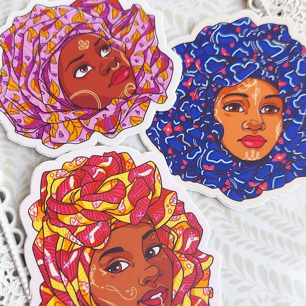 Black women stickers | African Wax Pagne inspired vinyl black girl stickers. African fabric patrern | Wrapped Blooms | Unique stickers