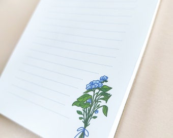 Cute Handmade Notepad | floral design stationary | dotted lined memo pad | blue flowers illustrated memo pad homemade