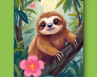 Baby Sloth Wall Art | Jungle Nursery Print | Cute Animal Decor | Digital Download