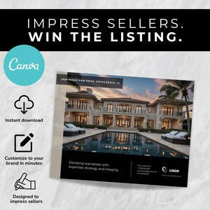 May include: A promotional flyer with the text "IMPRESS SELLERS. WIN THE LISTING." The flyer features a luxury home with a pool. The Canva logo is visible, along with icons for instant download and customization.