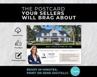 Just listed postcard template for realtors | Canva direct mail 5x7 | real estate farming mailer instant download