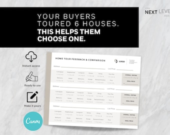 Home tour feedback form for realtors | buyer showing worksheet Canva | property comparison printable