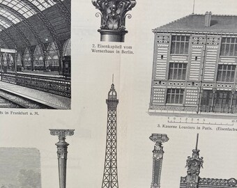 Può includere: Un'illustrazione in bianco e nero di varie strutture in ferro, tra cui un edificio, una torre e una colonna. L'immagine è intitolata "Eisenbau II." e include il testo "Kaserne Louviers in Paris. (Eisenfachwerk)"