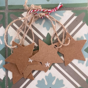 Etiquetas para presentes, conjunto, 5 peças, diferentes opções, coração, estrela, formato de estrela, feitas à mão, com motivos perfurados em papel antigo