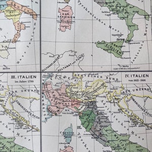 Italië. Kaart. Kaart. Geografie. Antieke litho. Origineel. Vintage. gekleurde afdruk. Zelden. Oude druk. 1907.