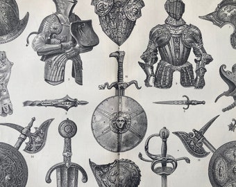 Może przedstawiać: Kolekcja średniowiecznych zbroi i broni, w tym pełny pancerz, hełm, miecz, tarcza i sztylet. Zbroja jest wykonana z metalu i ozdobiona misternymi wzorami. Broń również jest wykonana z metalu i jest ostra i spiczasta.