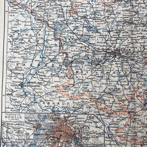 Berlijn. Brandenburg. Kaart. Kaart. Geografie. Antieke litho. Origineel. Wijnoogst. gekleurde print. Zelden. Oude print. 1907.