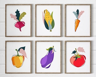 May include: Six framed illustrations of various vegetables, including a beet, corn, carrot, bell pepper, eggplant, and tomato. The illustrations are in a modern style with bold colors and simple lines. The frames are all the same size and shape and are arranged in a grid pattern on a white wall.