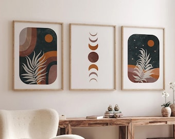 Boho art set, Abstract art set of 3, Gallery wall bundle, Set of three prints, Boho print wall art, Mid century modern, Night sky print