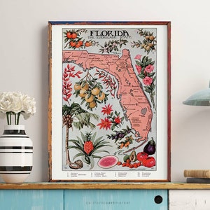 Küche Wandkunst | Vintage Florida Poster | Küchendeko | Küche Drucke | Vintage Florida Karte Vegetation Illustrative Atlas Poster