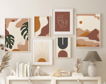 Boho Abstract Leaf Art, Printables Set of 6, Geometric Neutral Brown Beige Living Room Decor, Modern Art Print, Digital DOWNLOAD