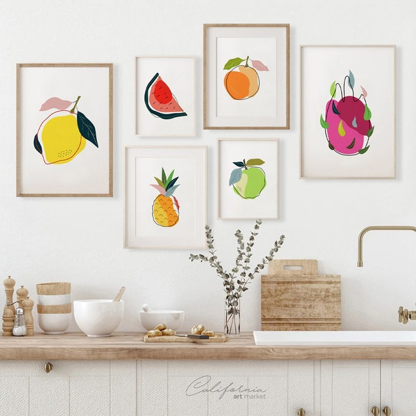 Kitchen Wall Art Set of 6, Kitchen Decor Wall Art, Dining Room Wall Decor, Kitchen Decor, Kitchen Prints, Fruits Prints, Modern Print Set