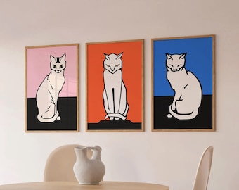 Cat art, Animal wall art set of 3 print, Cat illustration, Cat prints wall art, Cat Poster, Art for home, Art gift, Cats prints