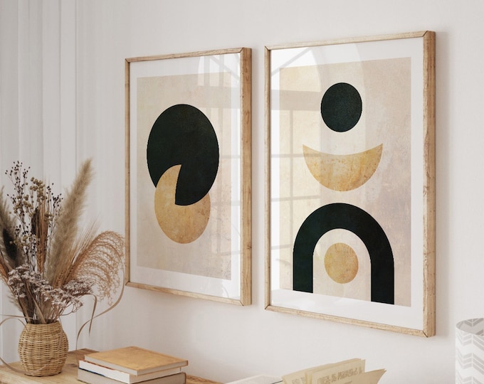Mid Century Modern Wall Art Print Set of 3, Neutral Abstract Geometric ...