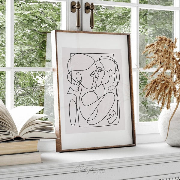 Abstrait One Line Art Kiss, Couple One Line Drawing, Minimalist Line Art, Bedroom Wall Art, Minimalist Wall Art, Instant Download