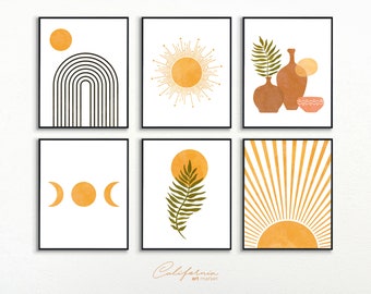 Boho Gallery Wall Set Of 6 Prints, Sun Print, Moon Phases, Abstract Floral Painting, Botanical Poster, Mid Century Modern, Gallery Wall Set