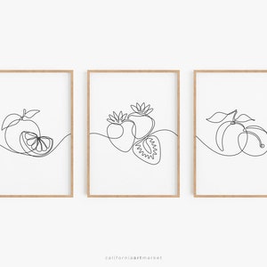 Arte de la pared de la cocina, impresiones de la cocina del dibujo lineal, impresión de la fruta de la comida, regalo de inauguración de la casa, decoración de la pared del comedor, decoración de la cocina, conjunto de 3