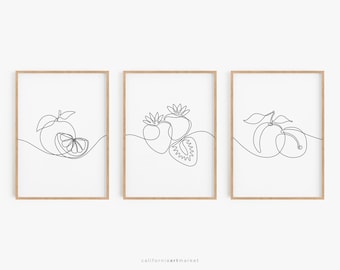 Fruit Line Drawing Prints: Kitchen Wall Art Set of 3 (Digital Download)