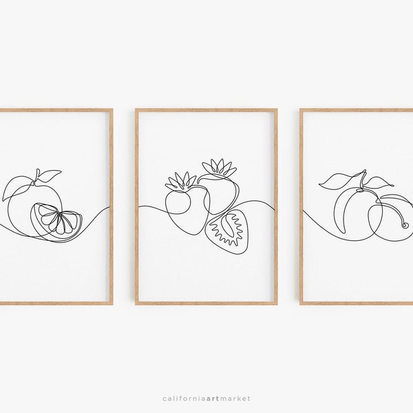 Kitchen Wall Art, Line Drawing Kitchen Prints, Food Fruit Print, Housewarming Gift, Dining room wall decor, Kitchen Decor, Set of 3