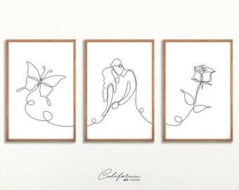 Neutral Wall Art Prints, Botanical Line Art, Set of 3 Beige Plant Prints, Minimalist Modern Bedroom Living Room Wall Decor, Printable Art