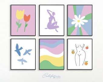 Set of 6 Flower Fruit Prints, Digital Art Download, Colorful Gallery Wall Art, Abstract Floral Printable Wall Art, Modern Minimalist Art