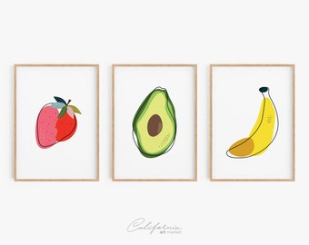 Minimalistische set keukenprints: aardbei, avocado, banaan (digitale download)
