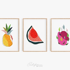 Kitchen Wall Art Set of 3, Dining Room Wall Decor, Tropical Fruit Market Print, Fruit Market Poster, Kitchen Prints, Abstract Fruit Print